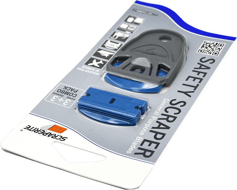 Packaging of a Tradesman Standard safety scraper with a medium blue blade.
