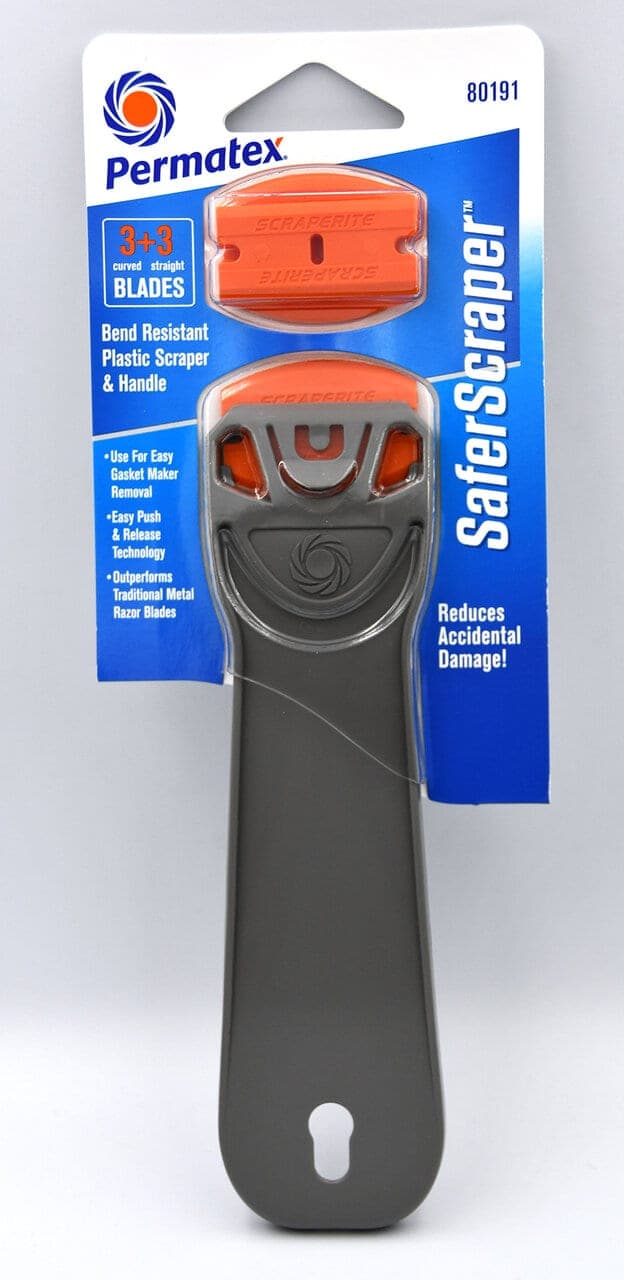 Permatex SaferScraper featuring bend-resistant plastic scraper and handle with 3 curved and 3 straight blades.