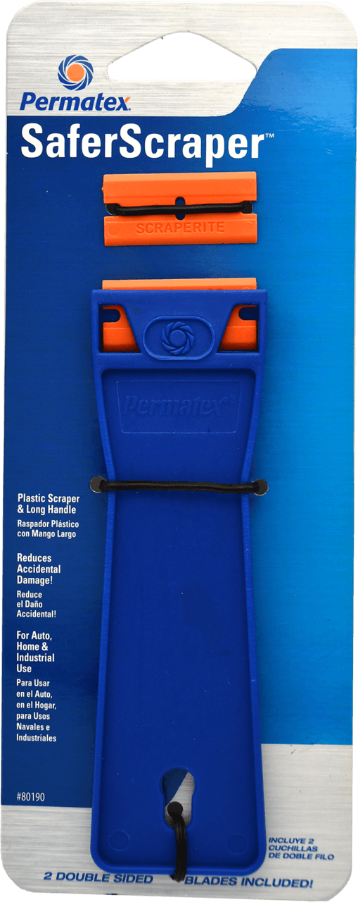 Permatex SaferScraper featuring a blue handle and orange double-sided blades.