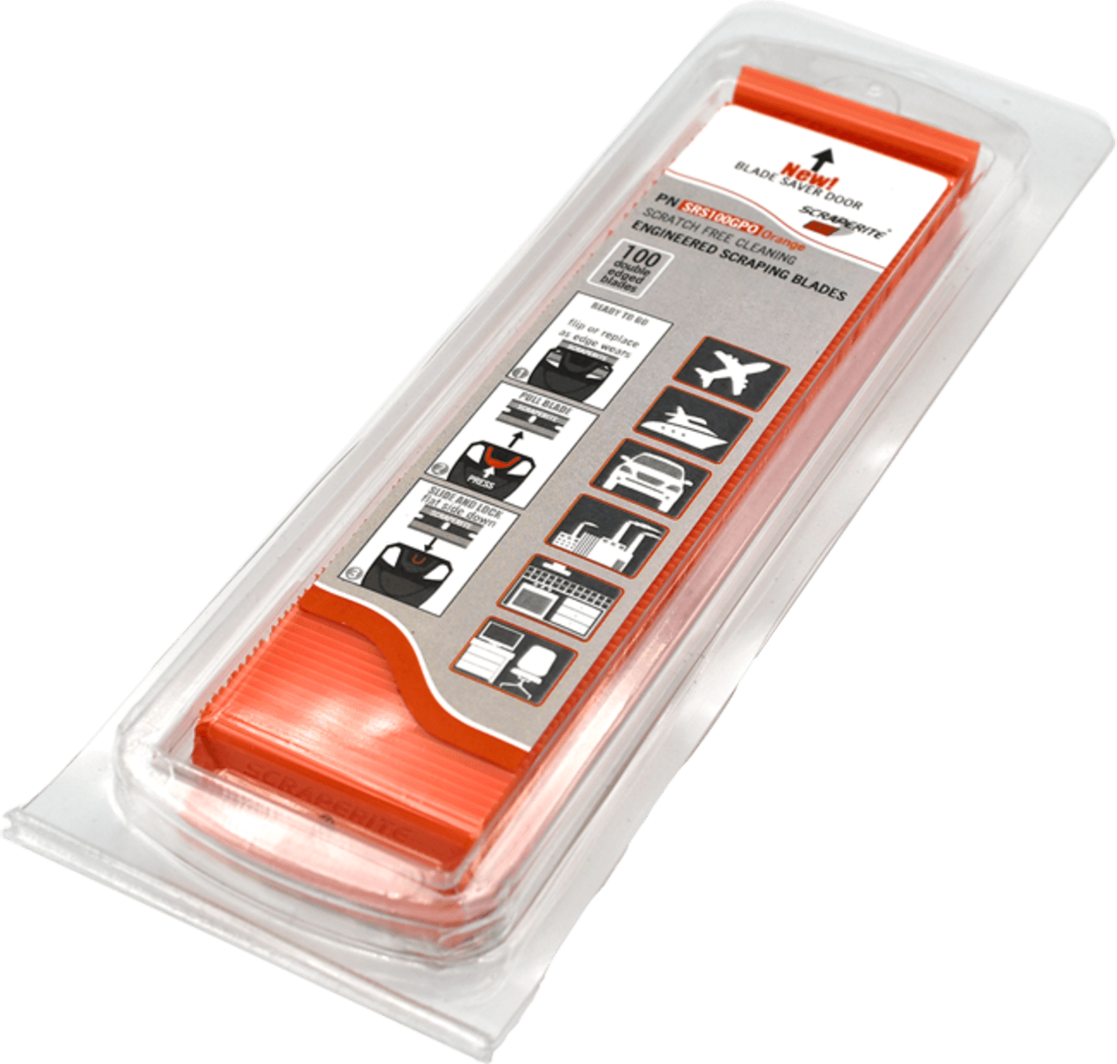 Pack of 100 orange razor blades for scratch-free cleaning in a clear plastic package.