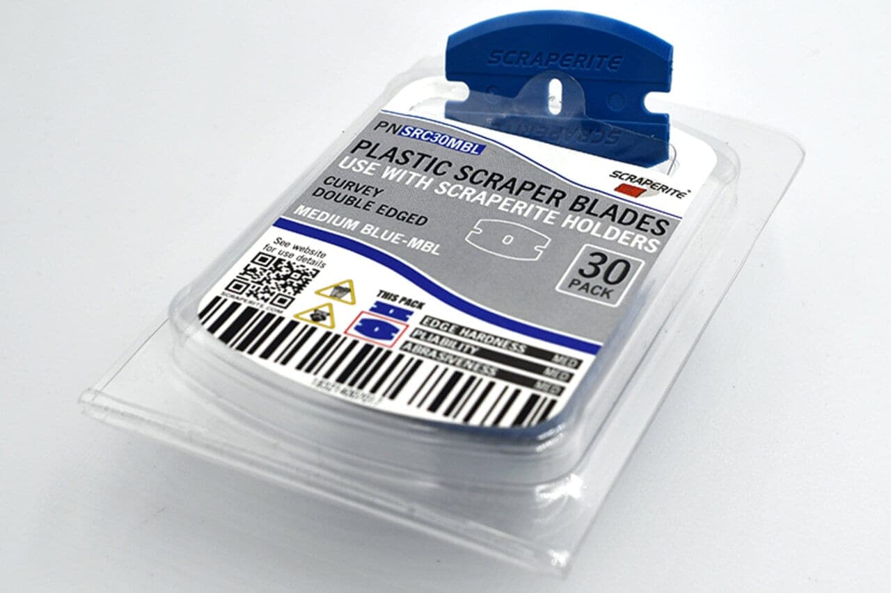 Pack of 30 Scraperite plastic scraper blades in clear plastic packaging with blue holder.