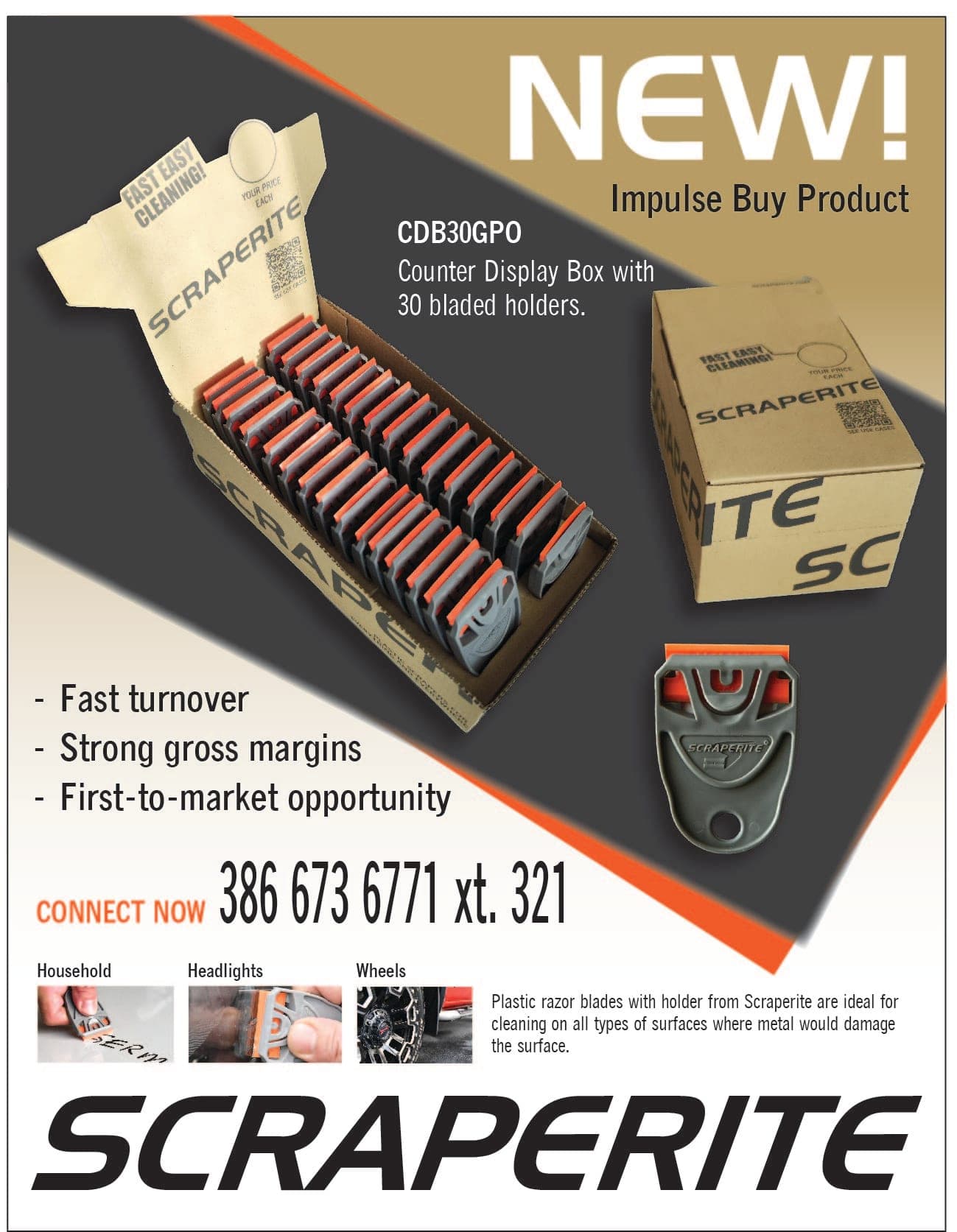 Scraperite CDB30GPO counter display box containing 30 plastic razor blades with holders.