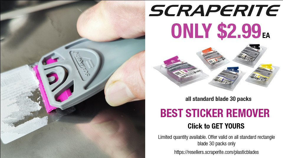 An ad graphic with a Scraperite pro magenta blade in a holder removing stickers the text reads 